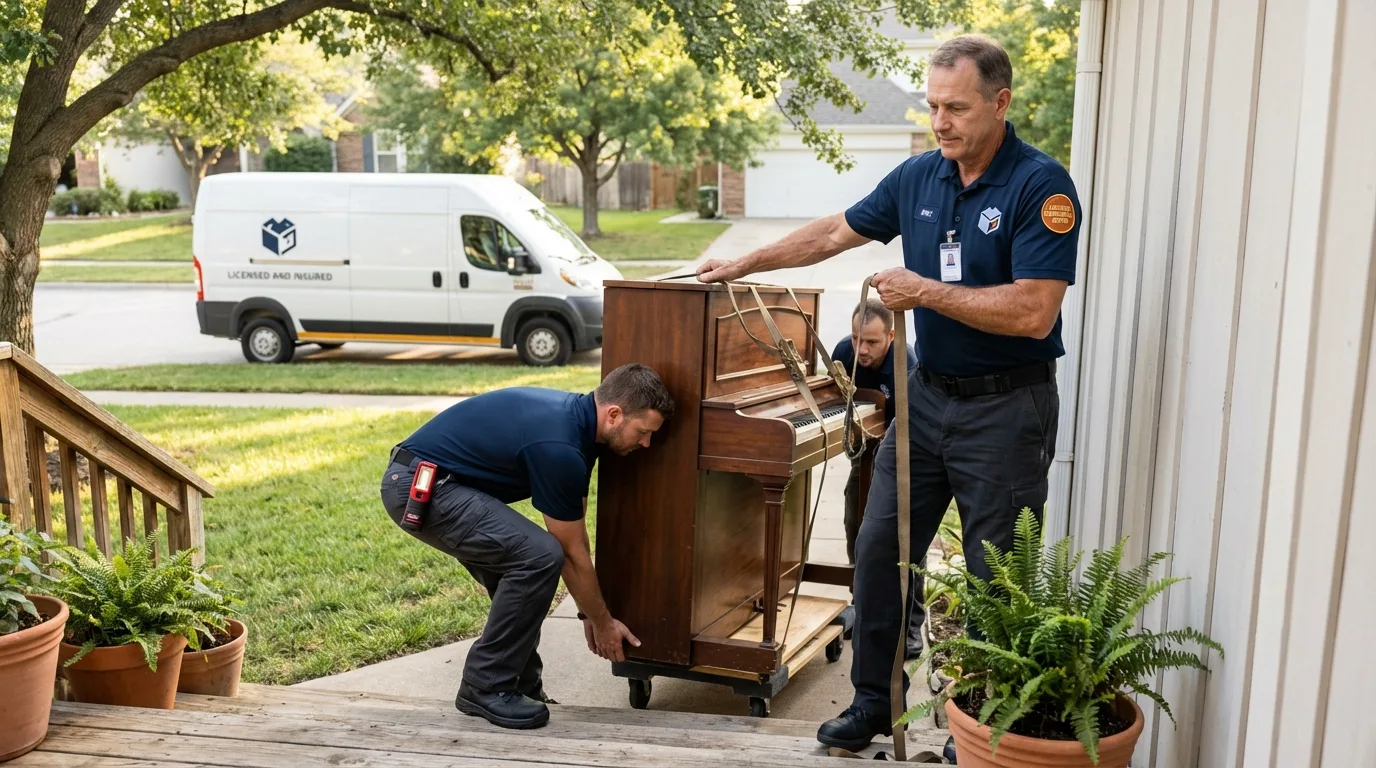 Licensed piano movers securing grand piano in Ipswich, MA