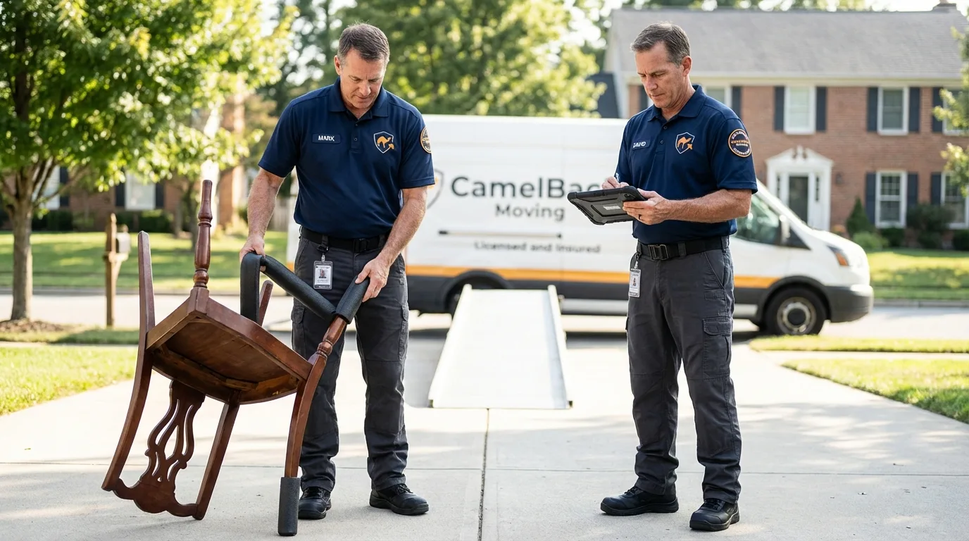 Movers inspecting furniture for damage prevention before loading in Ipswich, MA