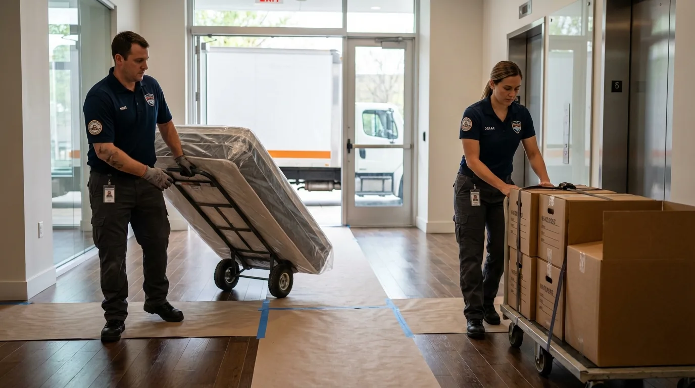 Professional apartment movers loading elevator in Ipswich, MA