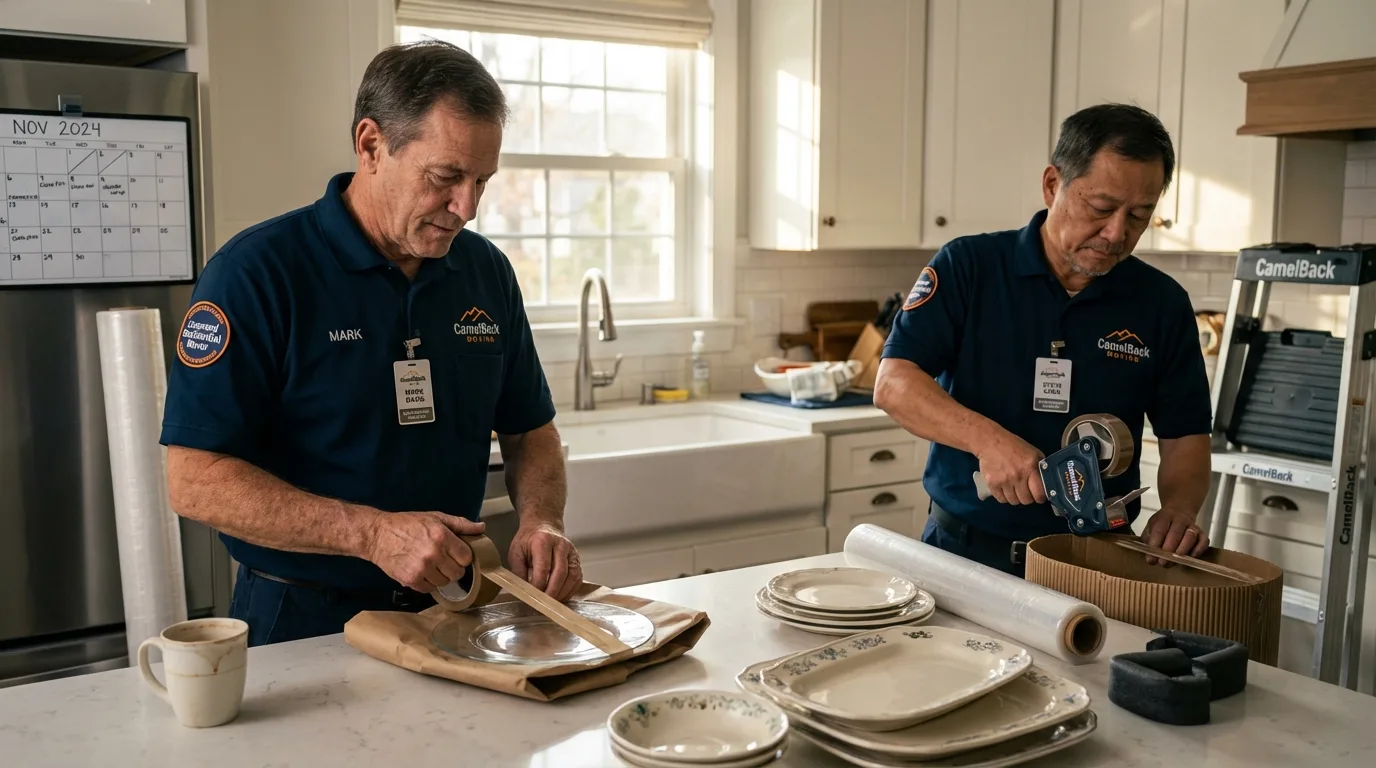 Professional crew packing kitchen dishware in Ipswich, MA